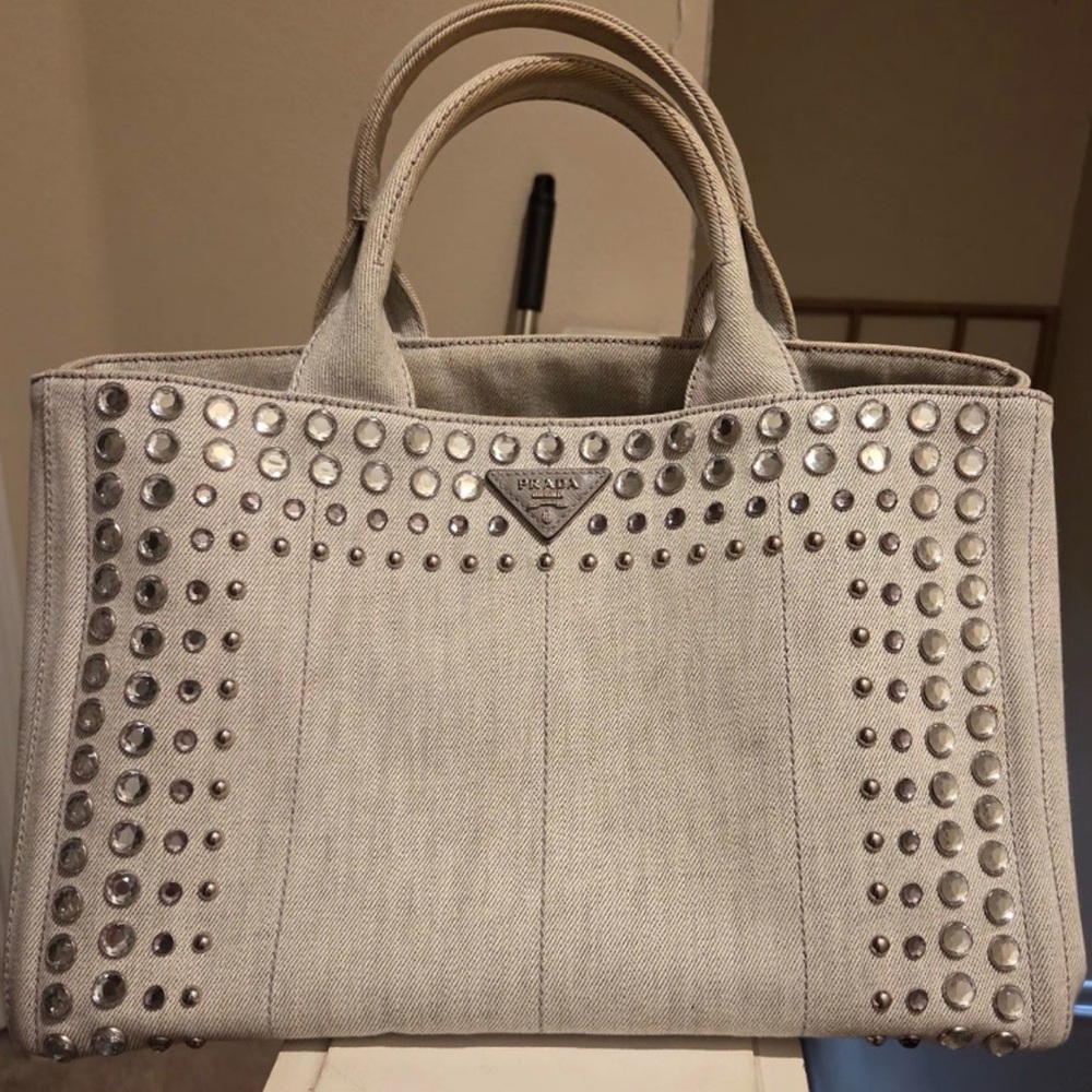 RARE Authentic Prada Canapa  Grey Crystal Studded Tote Bag 💯 🔥
